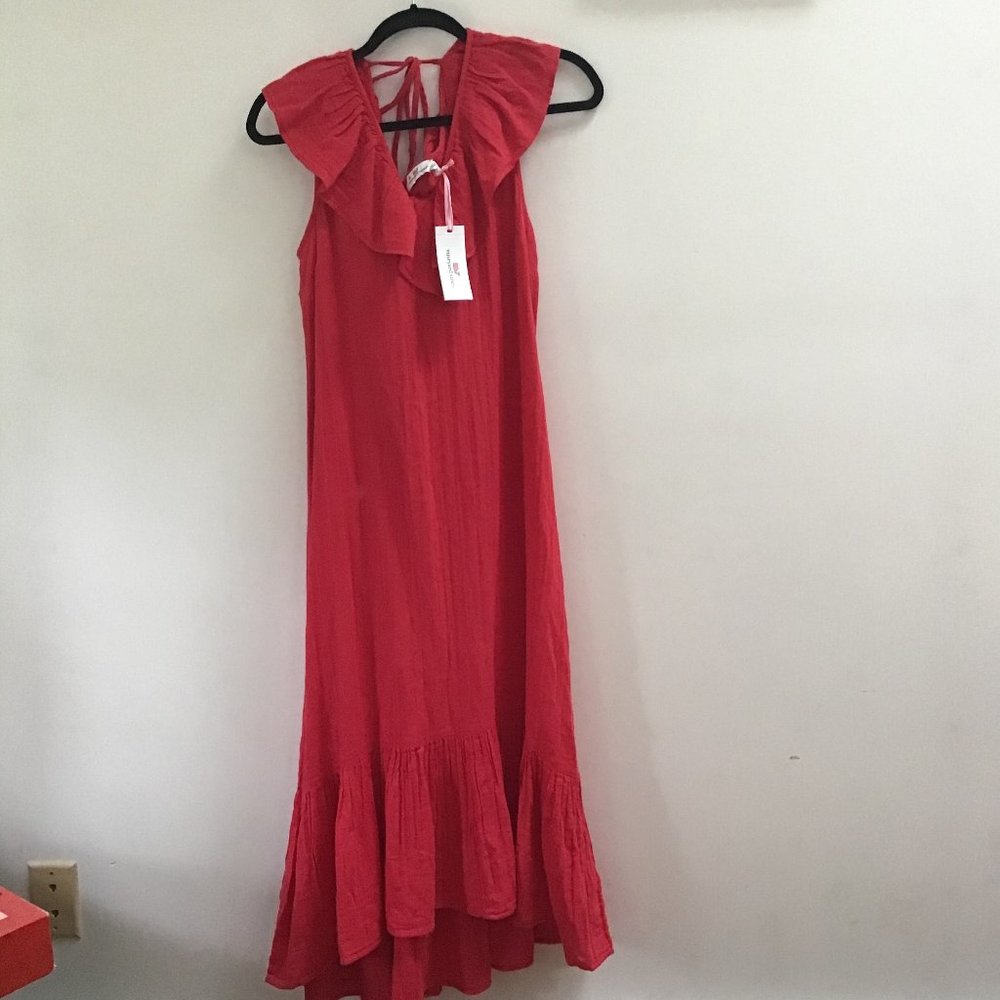 Vineyard Vines Lighthouse Red Ruffle Gauze Midi dress Size Medium